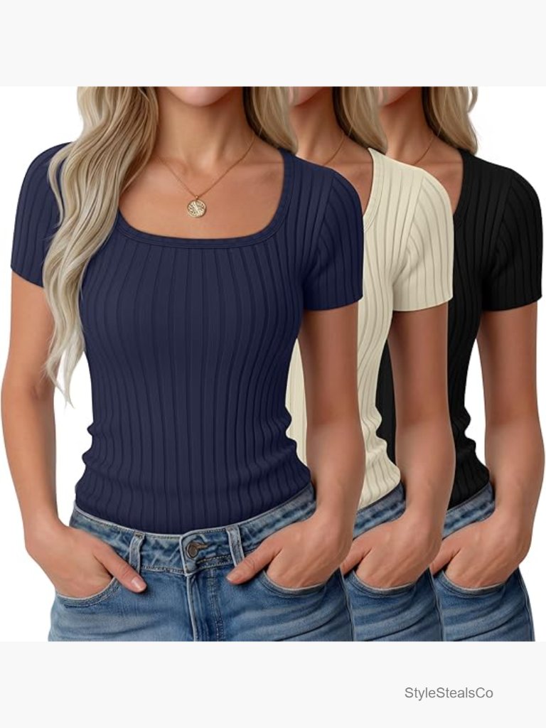 3 Pack Women's Ribbed Knit Square Neck Tops Slim Fit Cotton Tees